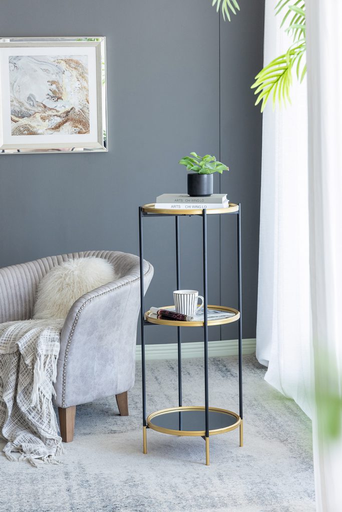 A&B Home 16" x 40" Bundle of 15 Round Gold Rim With Black Legs Three-Tier Shelving