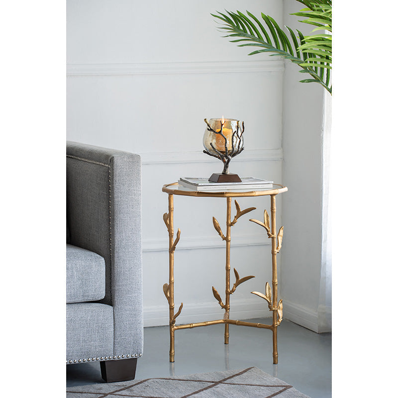 A&B Home 17" x 24" Bundle of 10 Round Brass Antique Bamboo Leaf Accent Table