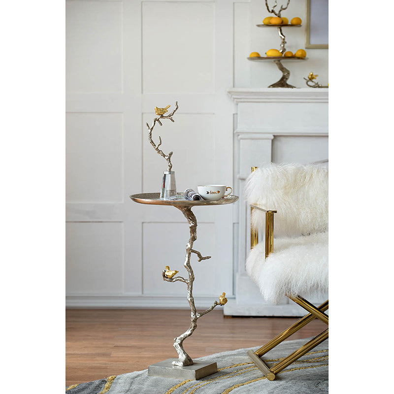 A&B Home 17" x 28" Bundle of 11 Round Polished Tabletop and Metal Tree Branch Side Table With Gold Bird Accent