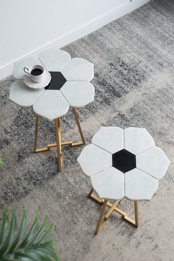 A&B Home 18" x 24" Bundle of 12 White Flower-Shaped Marble Tabletop With Gold Legs Accent Table