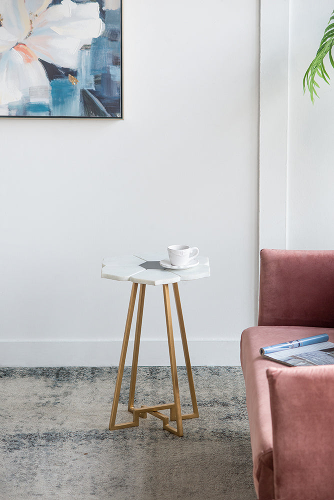 A&B Home 18" x 24" Bundle of 12 White Flower-Shaped Marble Tabletop With Gold Legs Accent Table