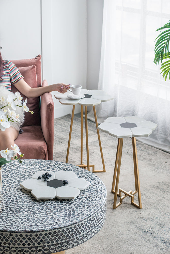 A&B Home 18" x 24" Bundle of 12 White Flower-Shaped Marble Tabletop With Gold Legs Accent Table