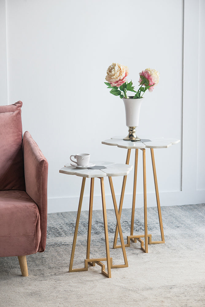 A&B Home 18" x 24" Bundle of 12 White Flower-Shaped Marble Tabletop With Gold Legs Accent Table