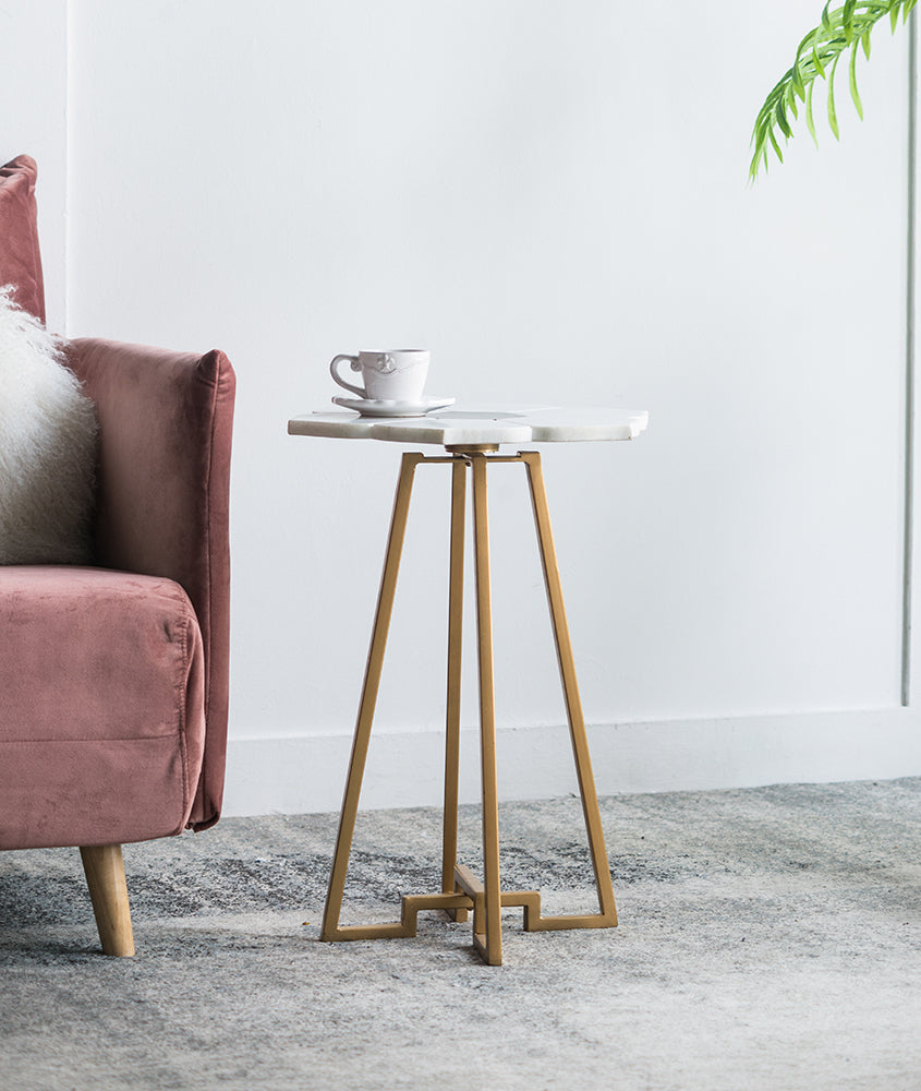 A&B Home 18" x 24" Bundle of 12 White Flower-Shaped Marble Tabletop With Gold Legs Accent Table