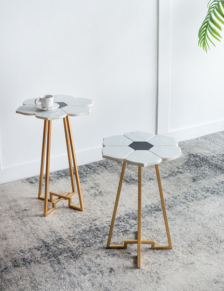 A&B Home 18" x 24" Bundle of 15 White Flower-Shaped Marble Tabletop With Gold Legs Accent Table