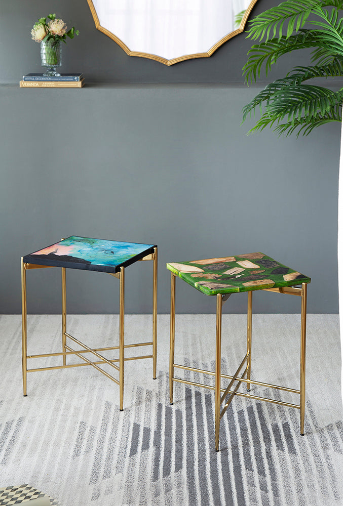A&B Home 18" x 27" Bundle of 5 Gold Frame With Square-Shaped Green Resin Tabletop Side Table