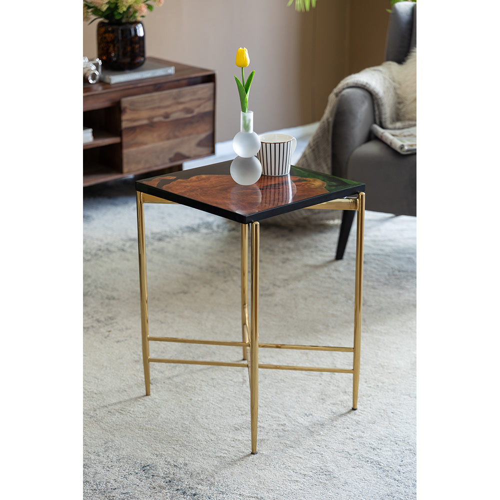 A&B Home 18" x 27" Bundle of 7 Square-Shaped Brown Wooden Tabletop With Gold Iron Frame Side Table