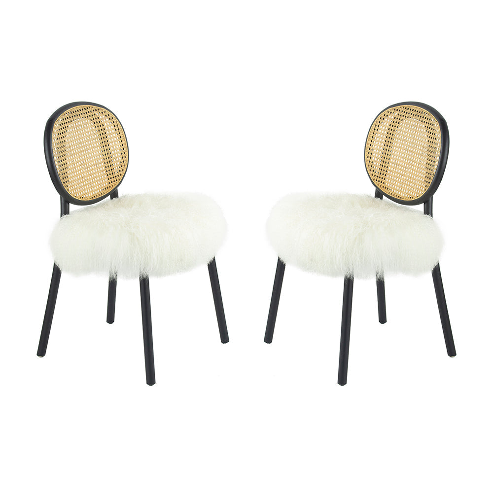 A&B Home 19" x 34" Set of Two Bundle of 4 Black Wood Frame With White Fur Covered Seat Dining Chairs