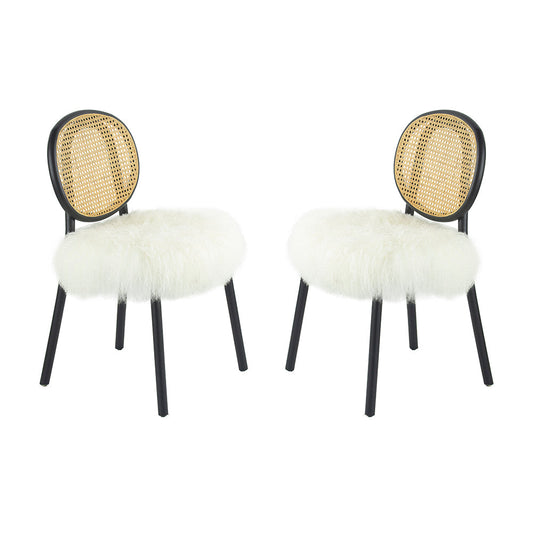 A&B Home 19" x 34" Set of Two Bundle of 4 Black Wood Frame With White Fur Covered Seat Dining Chairs