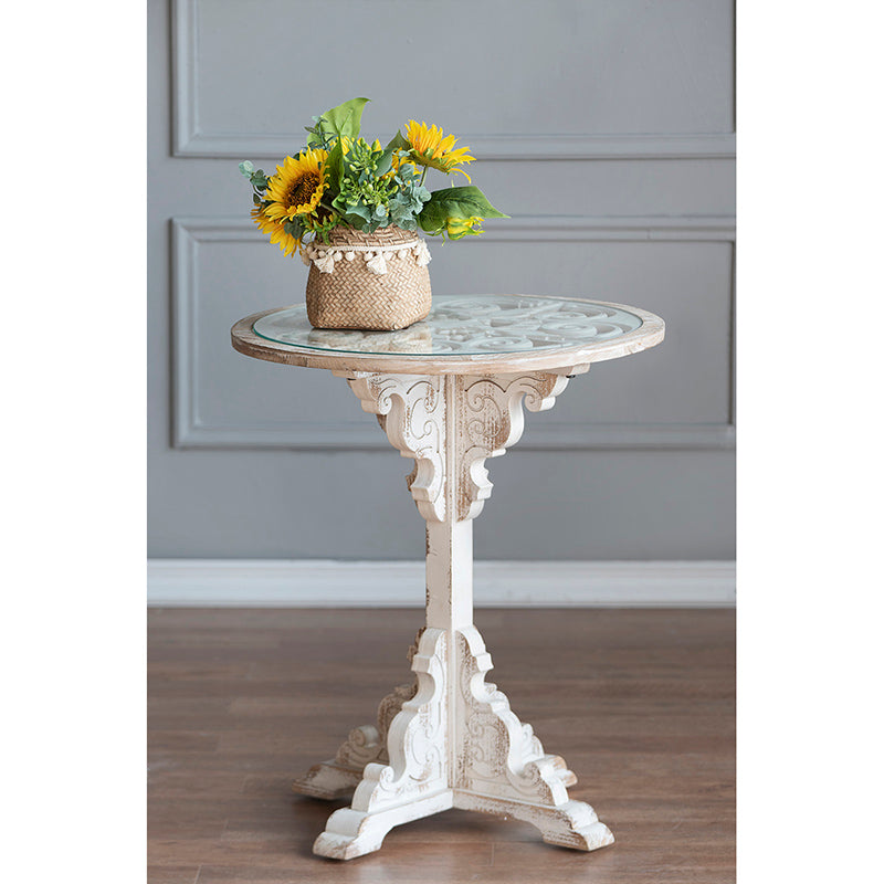 A&B Home 24" x 28" Bundle of 8 Round Weathered White Wooden Carved Table