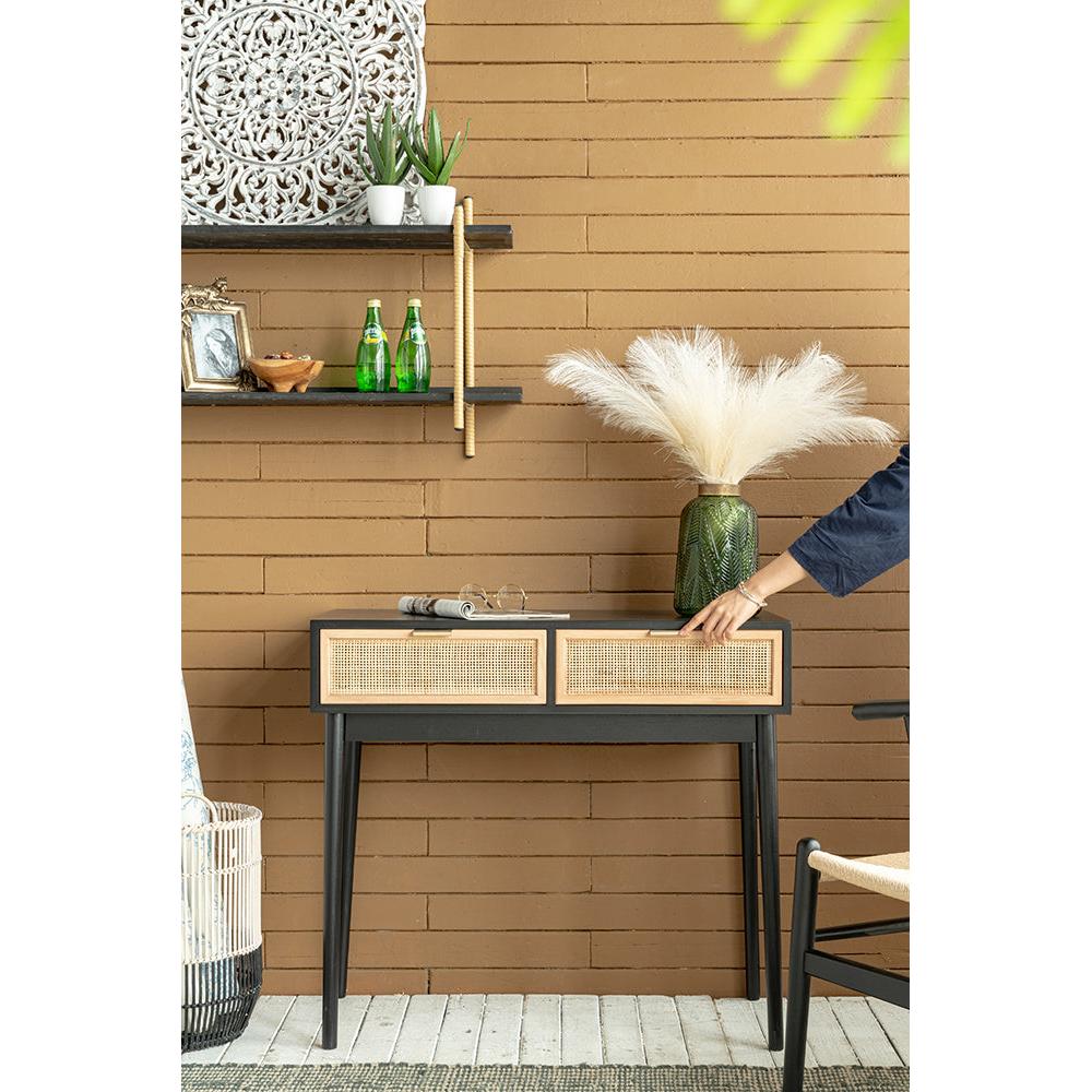 A&B Home 35" x 31" Bundle of 12 Rectangular Black Pine Wood Tabletop With Two Rattan Drawer Console Table