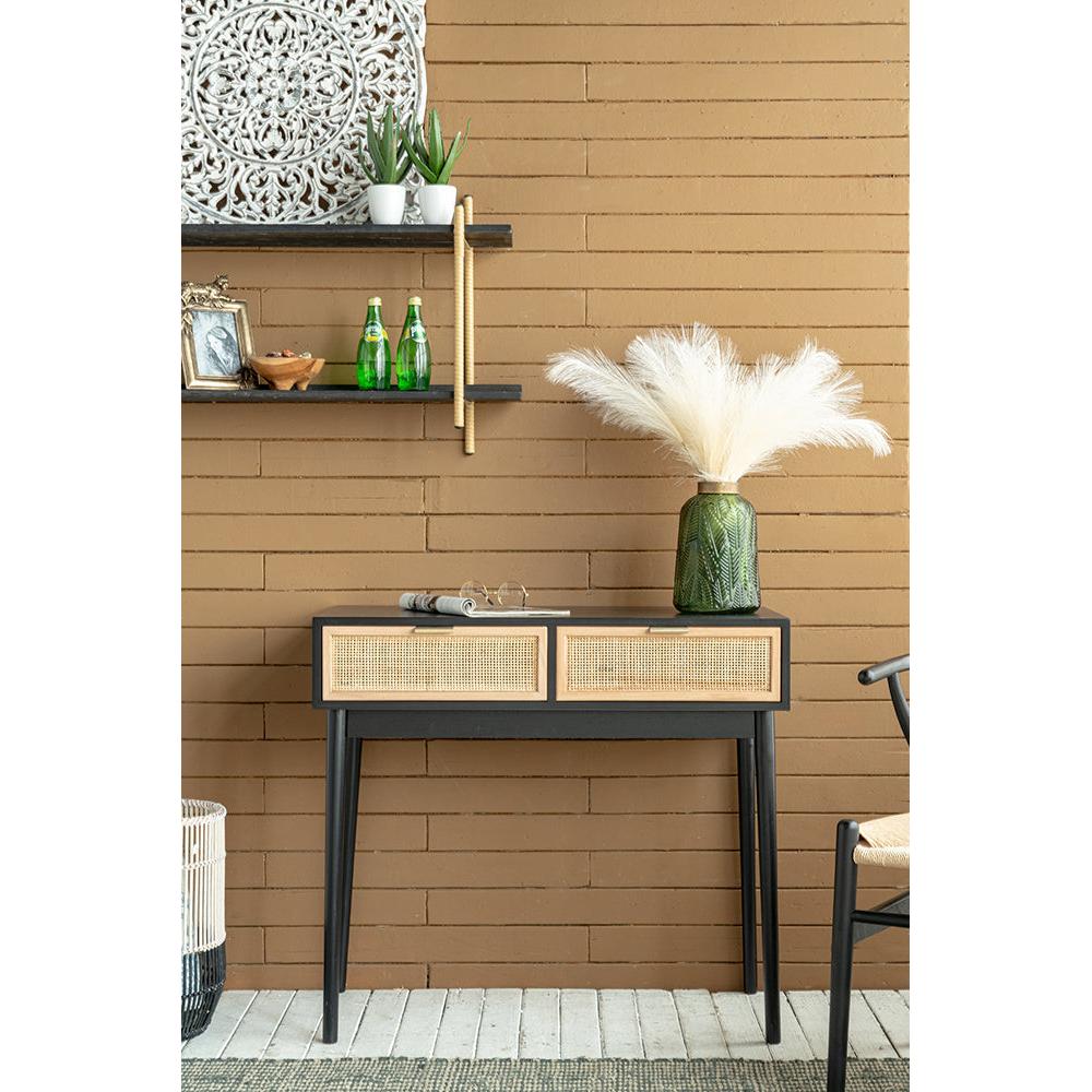 A&B Home 35" x 31" Bundle of 12 Rectangular Black Pine Wood Tabletop With Two Rattan Drawer Console Table