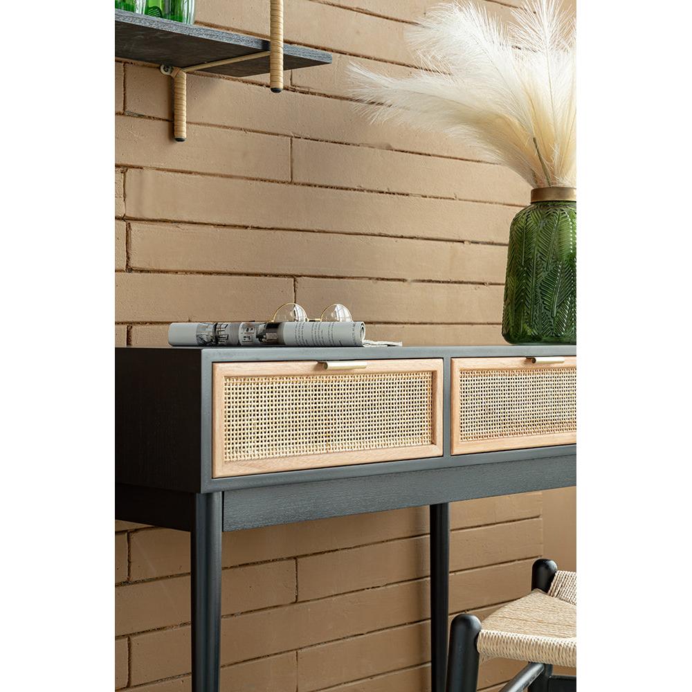 A&B Home 35" x 31" Bundle of 12 Rectangular Black Pine Wood Tabletop With Two Rattan Drawer Console Table