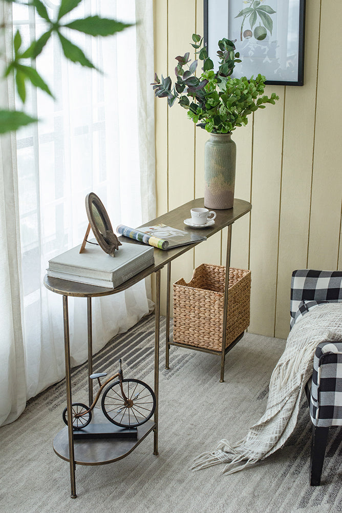 A&B Home 57" x 31" Bundle of 12 Oval Bronze Tabletop With Two Matching Shelves Console Table