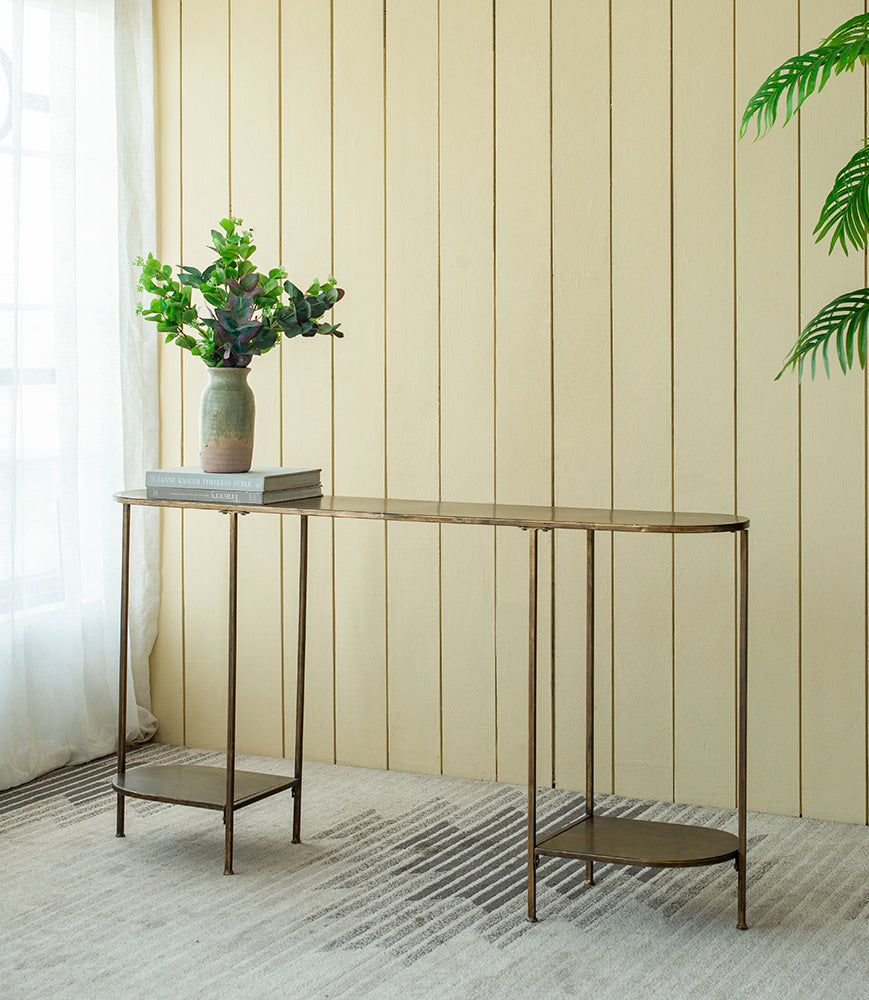 A&B Home 57" x 31" Bundle of 12 Oval Bronze Tabletop With Two Matching Shelves Console Table