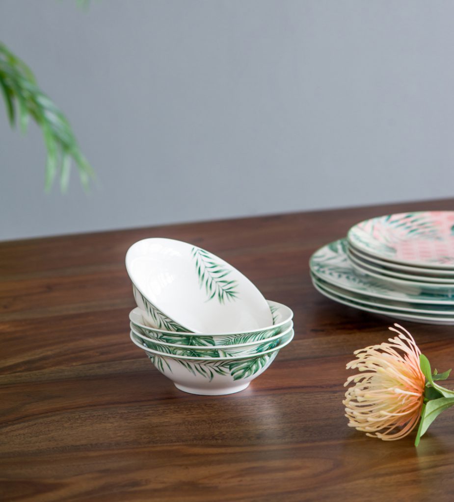 A&B Home 6" Bundle of 49 Set Of Four Round White and Green Botanical Print Cereal Bowls