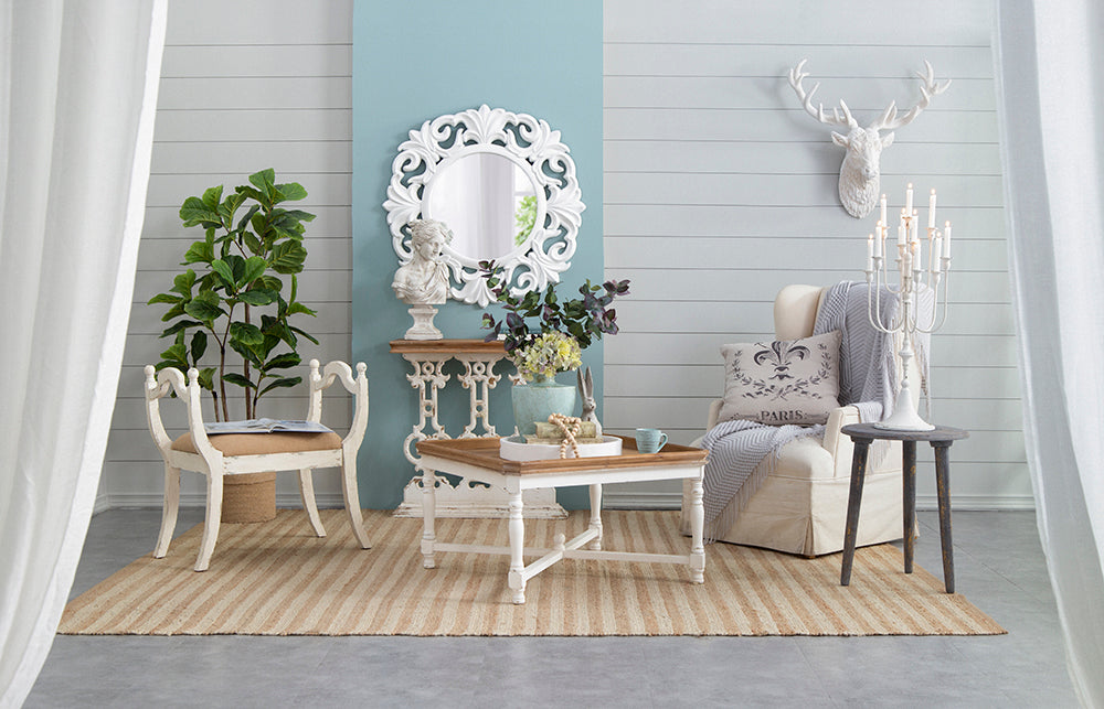 A&B Home Alcott 33" x 19" Bundle of 9 Square Aged White Base Side Table With Natural Wooden Tabletop