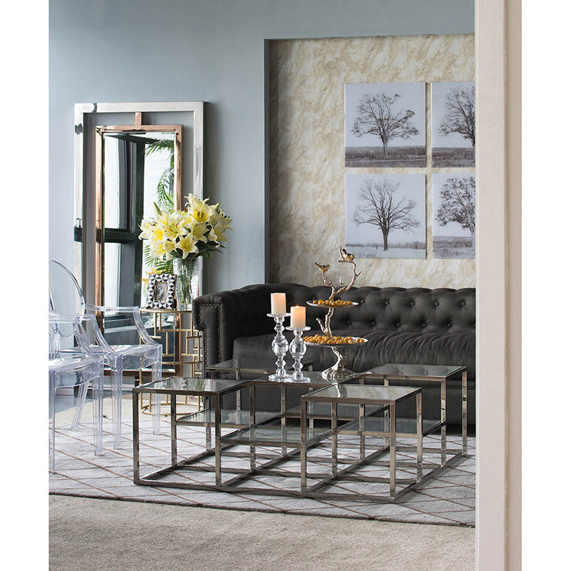 A&B Home Atelier 47" x 17" Bundle of 3 Cube Glass Tabletop With Polished Stainless Steel Cocktail Table
