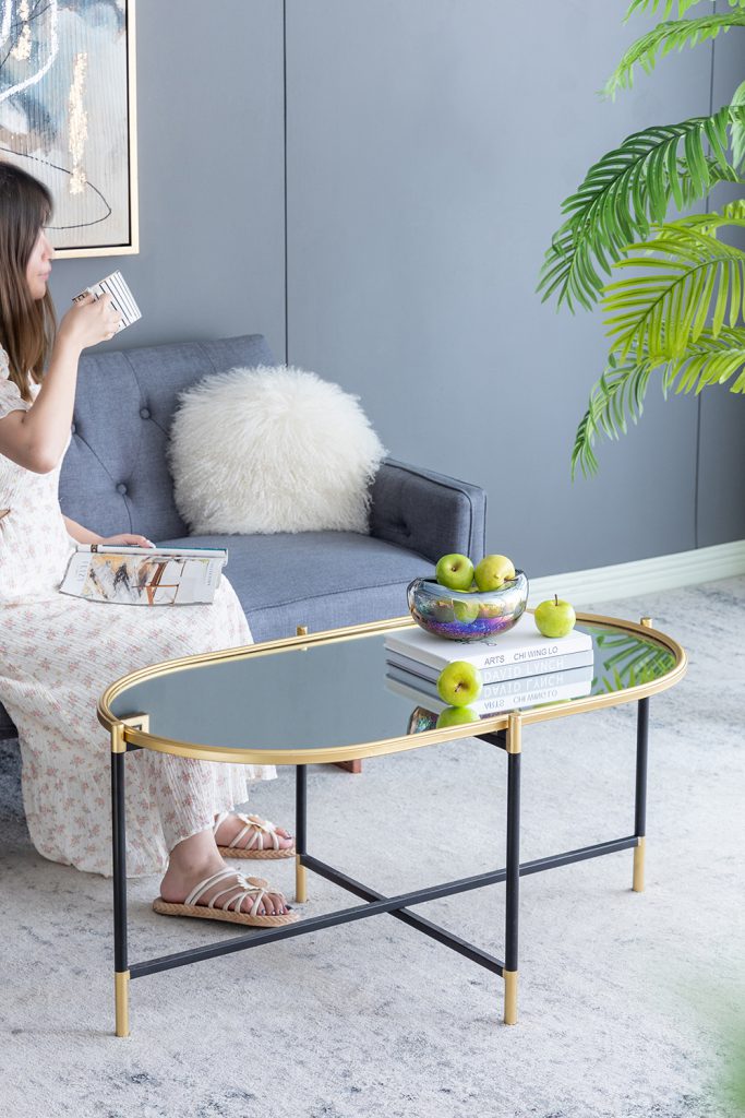 A&B Home Bertram 41" x 19" Bundle of 9 Oval Mirrored Tabletop With Gold and Black Metal Console Table