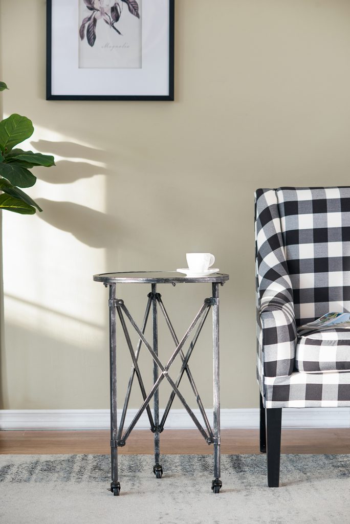 A&B Home Gilbert 17" x 27" Bundle of 24 Round Antique Silver Frame Rolling Side Table With Glass Tabletop