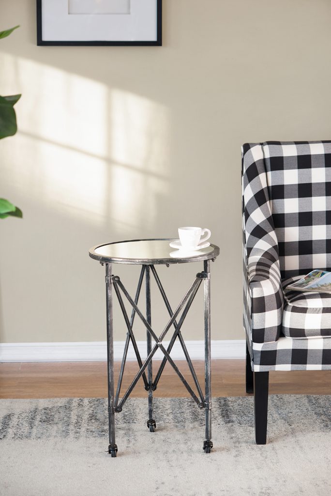 A&B Home Gilbert 17" x 27" Bundle of 24 Round Antique Silver Frame Rolling Side Table With Glass Tabletop