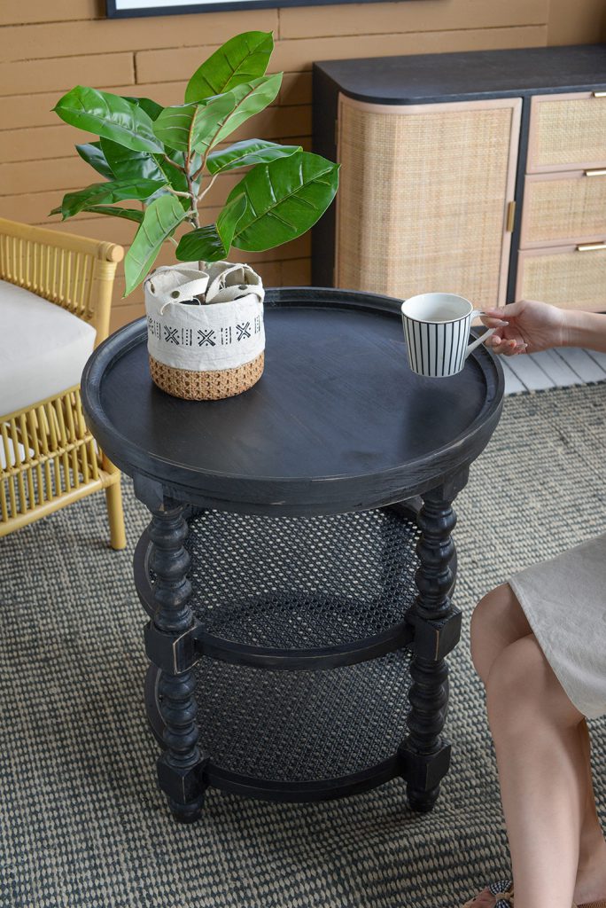 A&B Home Hilton Head 24" x 25" Bundle of 10 Round Three-Tier Black Wood Rattan Side Table