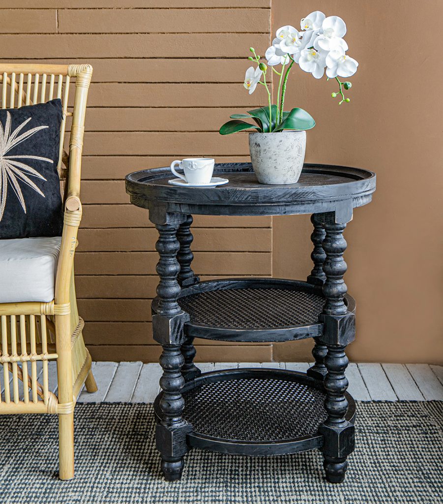 A&B Home Hilton Head 24" x 25" Bundle of 10 Round Three-Tier Black Wood Rattan Side Table