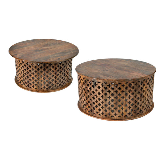 A&B Home Jali Set of Two Bundle of 3 Natural Burn Brown Cylinder Cutting Side Table With Brown Wooden Tabletop