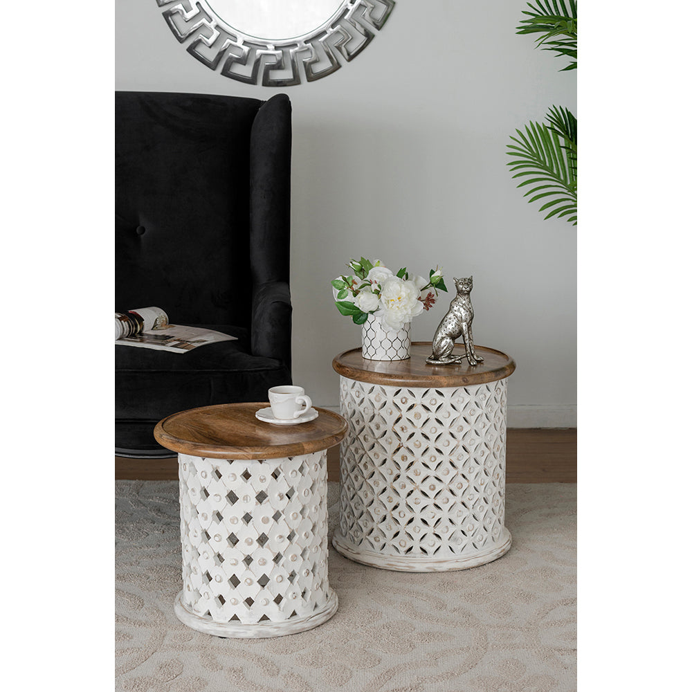 A&B Home Jali Set of Two Bundle of 7 White Cylinder Cutting Side Table With Brown Wooden Tabletop