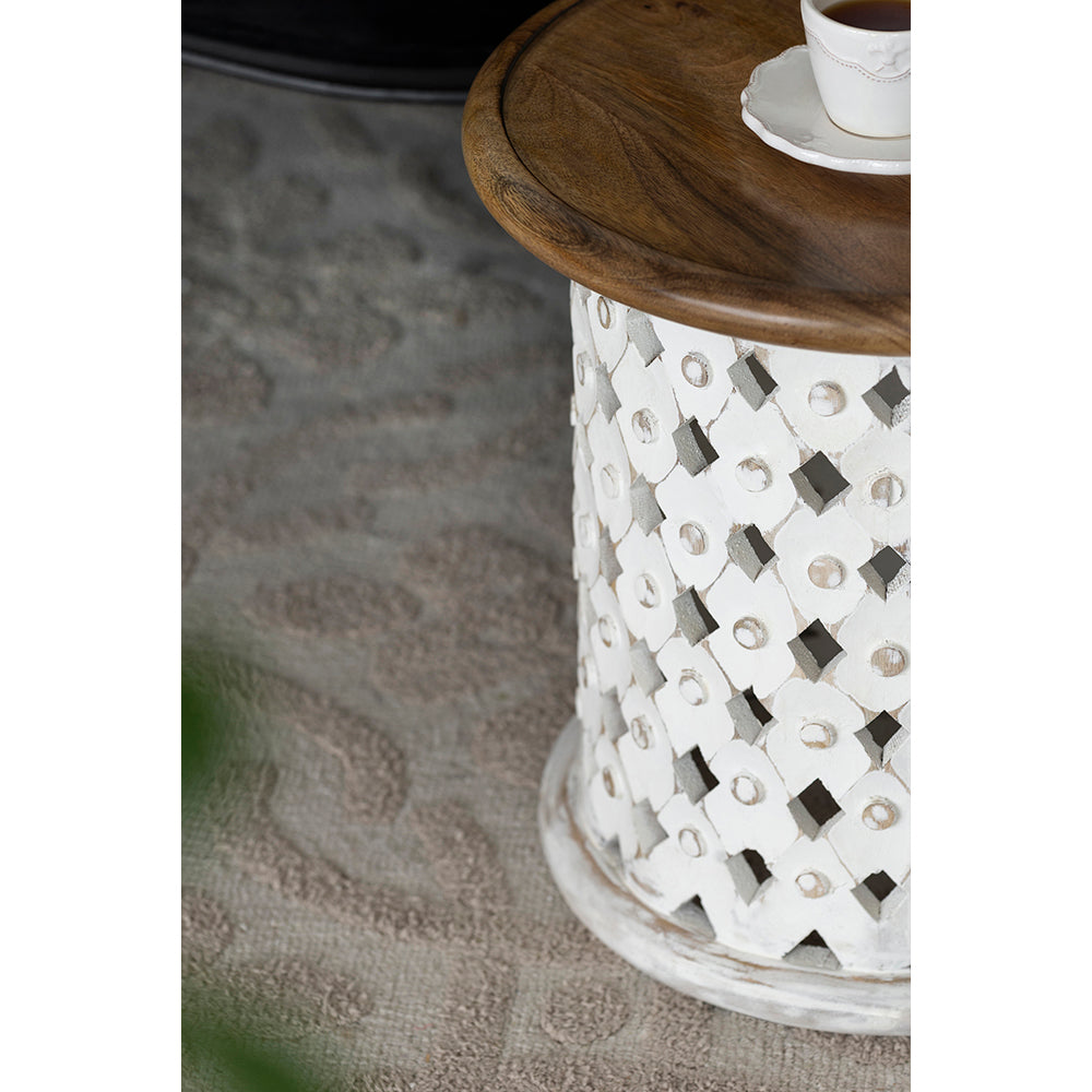 A&B Home Jali Set of Two Bundle of 7 White Cylinder Cutting Side Table With Brown Wooden Tabletop