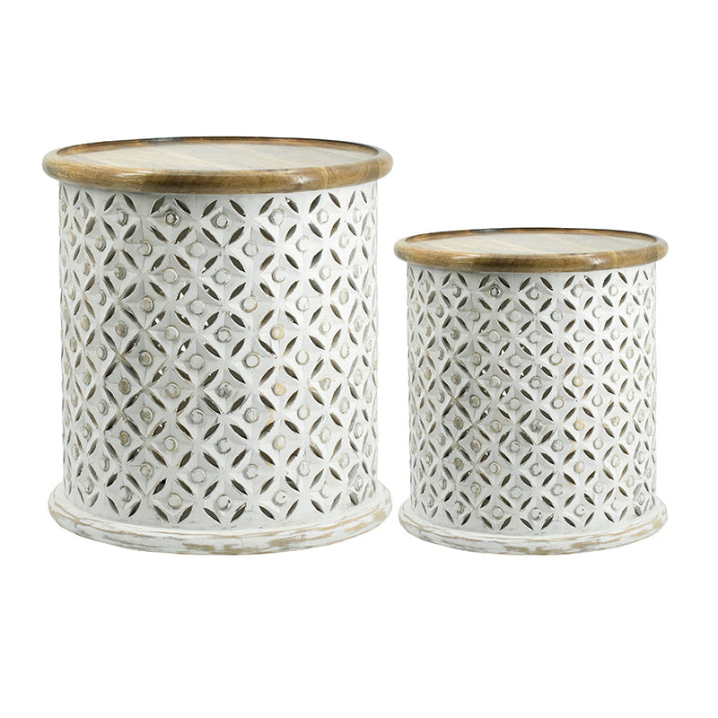 A&B Home Jali Set of Two Bundle of 7 White Cylinder Cutting Side Table With Brown Wooden Tabletop