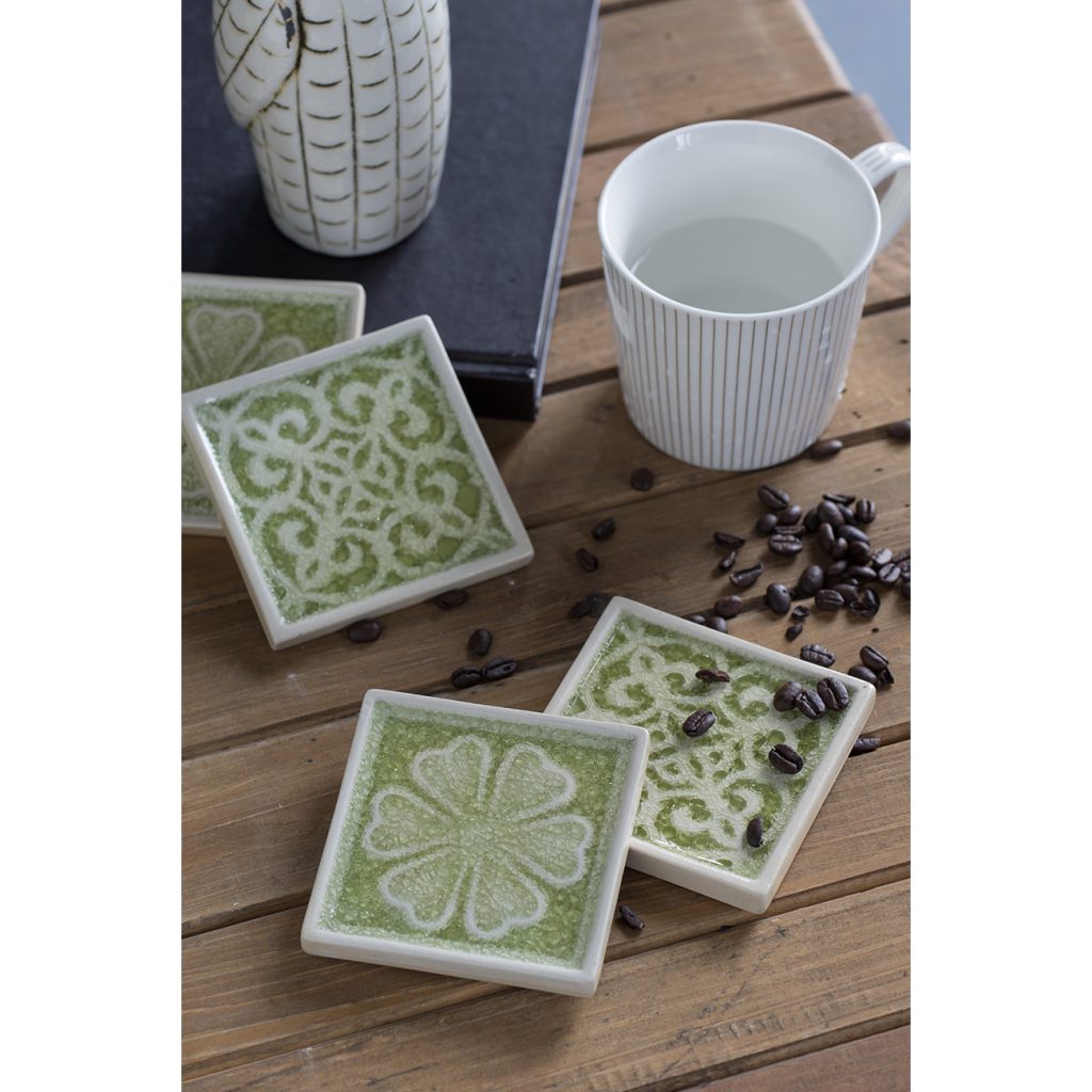 A&B Home Kelly 4" x 4" Set Of Four Creamy White and Green Decorative Coasters