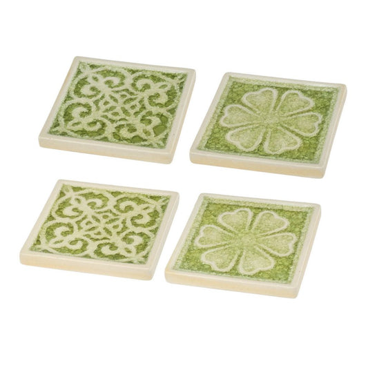 A&B Home Kelly 4" x 4" Set Of Four Creamy White and Green Decorative Coasters