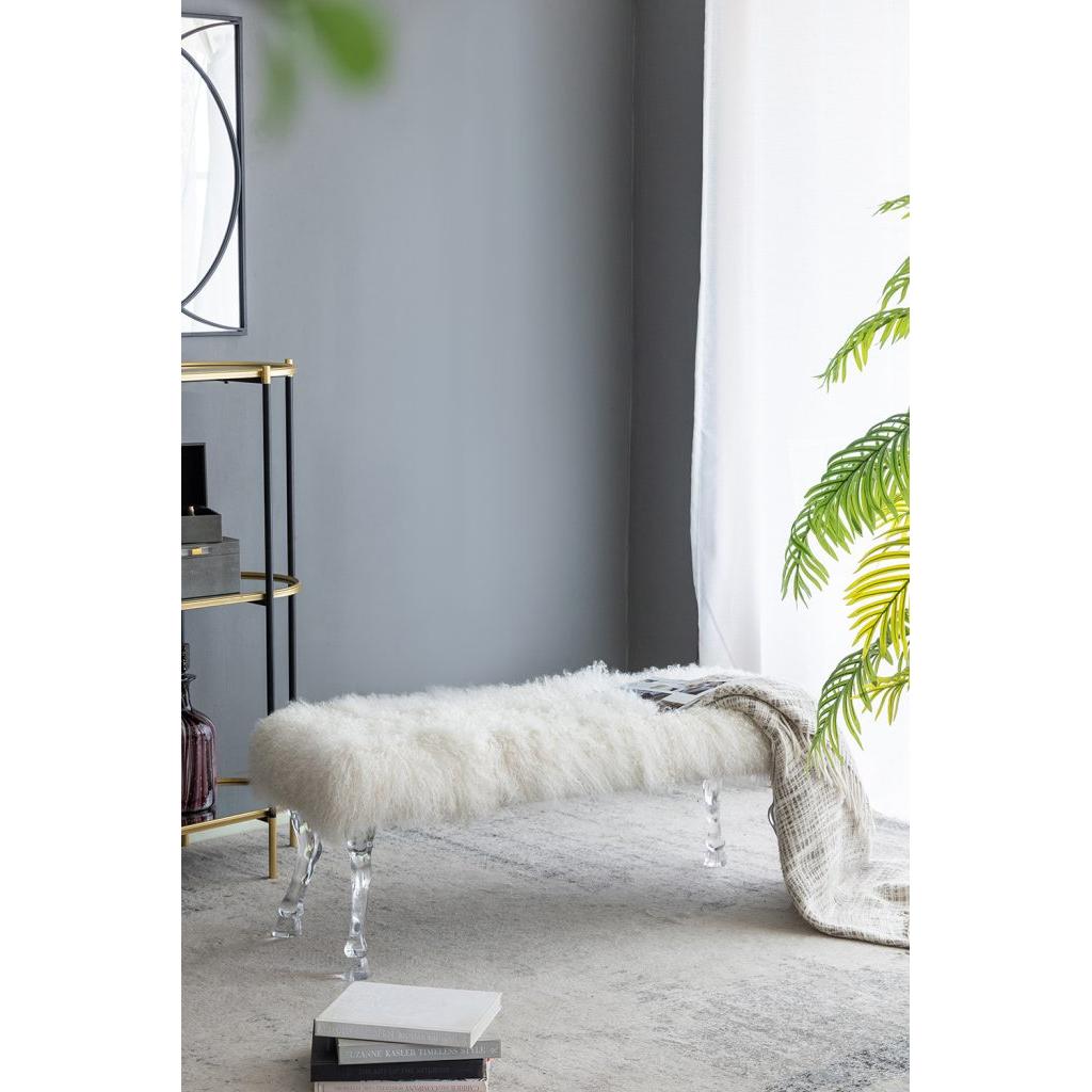 A&B Home Mongolian 49" x 19" Bundle of 3 Standard White Upholstered Fur and Acrylic Bench