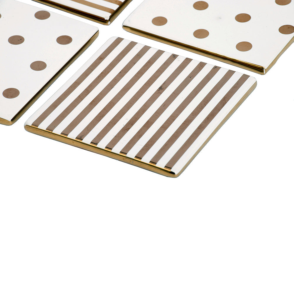 A&B Home Navya 4" Set of Four Bundle of 149 Square-Shaped Gold and Cream Ceramic Coasters