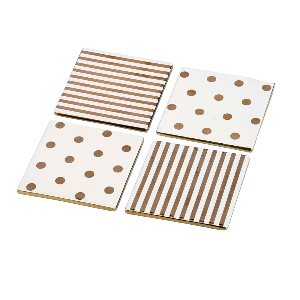 A&B Home Navya 4" Set of Four Bundle of 149 Square-Shaped Gold and Cream Ceramic Coasters