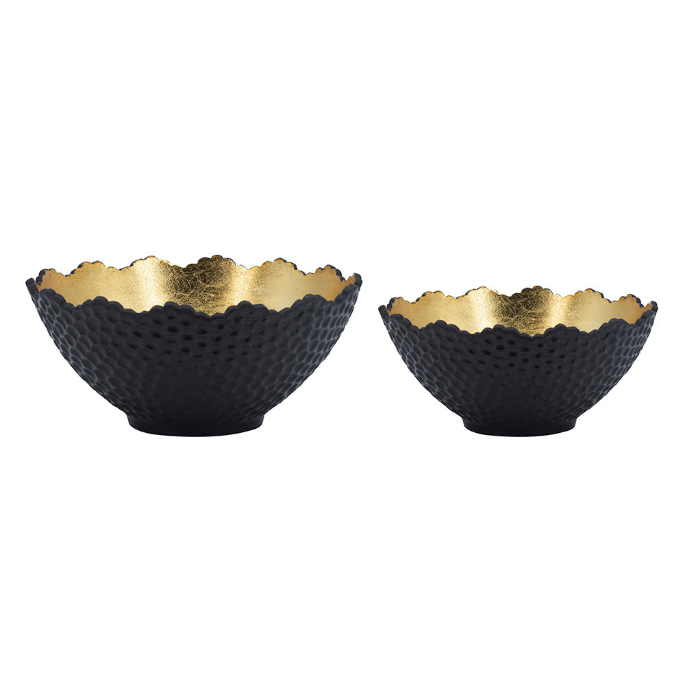 A&B Home Set Of Two Bundle of 29 Round Large and Small Textured Black With Gold Interior Bowl