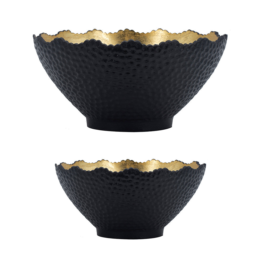 A&B Home Set Of Two Bundle of 29 Round Large and Small Textured Black With Gold Interior Bowl