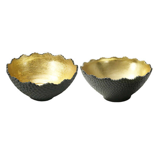 A&B Home Set Of Two Bundle of 29 Round Large and Small Textured Black With Gold Interior Bowl