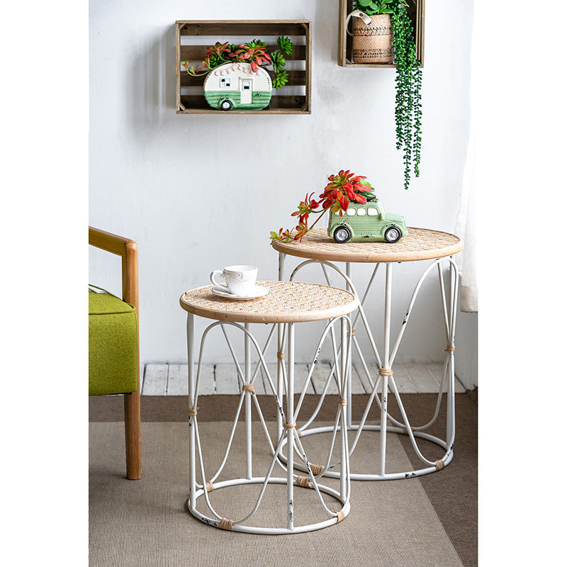 A&B Home Set of 2 Bundle of 12 Round Wooden Tabletop With Decorative Metal Side Tables