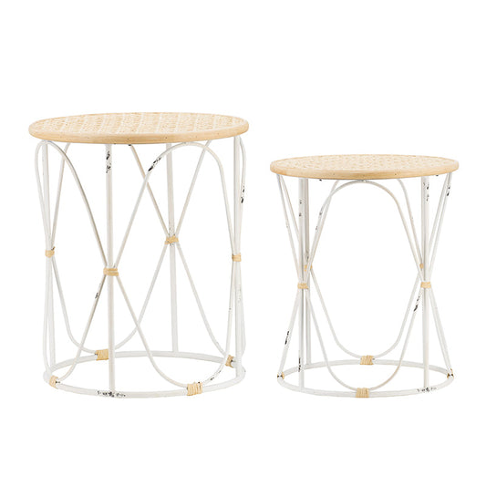 A&B Home Set of 2 Bundle of 12 Round Wooden Tabletop With Decorative Metal Side Tables