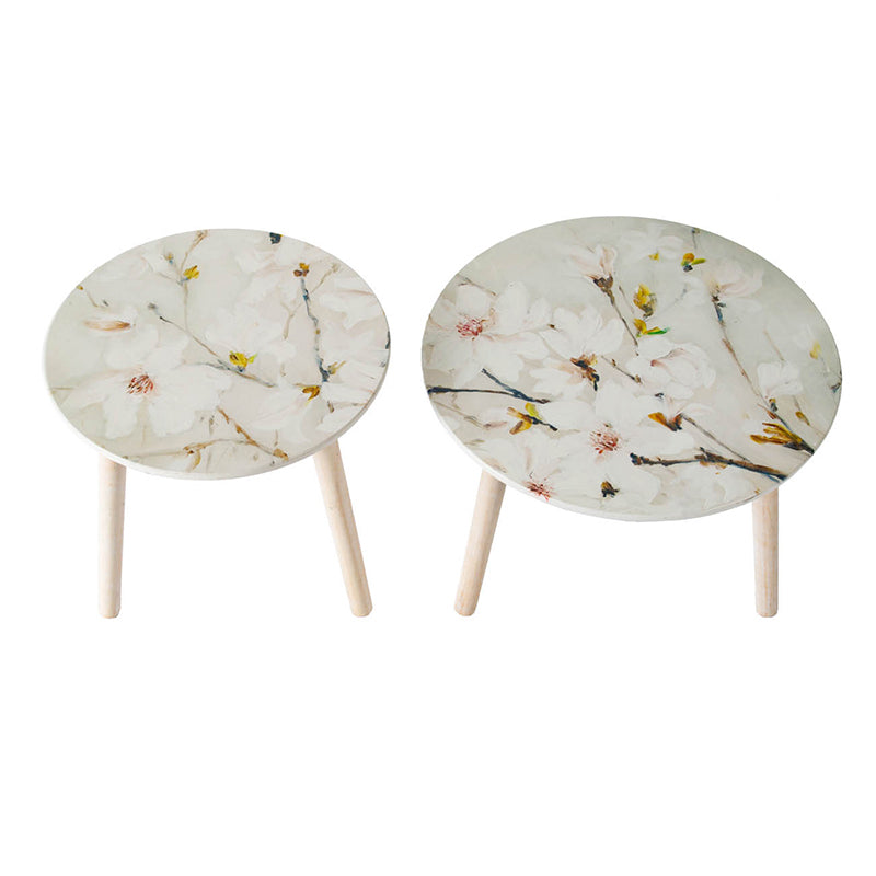 A&B Home Set of 2 Bundle of 40 Round White Painted Floral Design Accent Tables