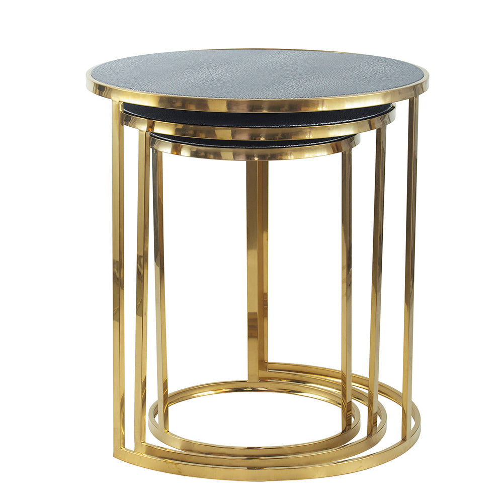 A&B Home Set of 3 Bundle of 5 Round Gray Leather Tabletop With Gold Frame Nesting Tables