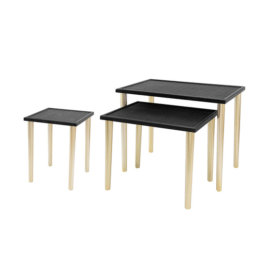 A&B Home Set of Three Bundle of 13 Rectangular Black Rattan Tabletop Side Tables With Gold Wooden Legs