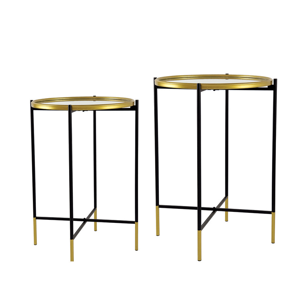 A&B Home Set of Two Bundle of 13 Mirrored Tabletop With Gold and Black Frame Side Tables