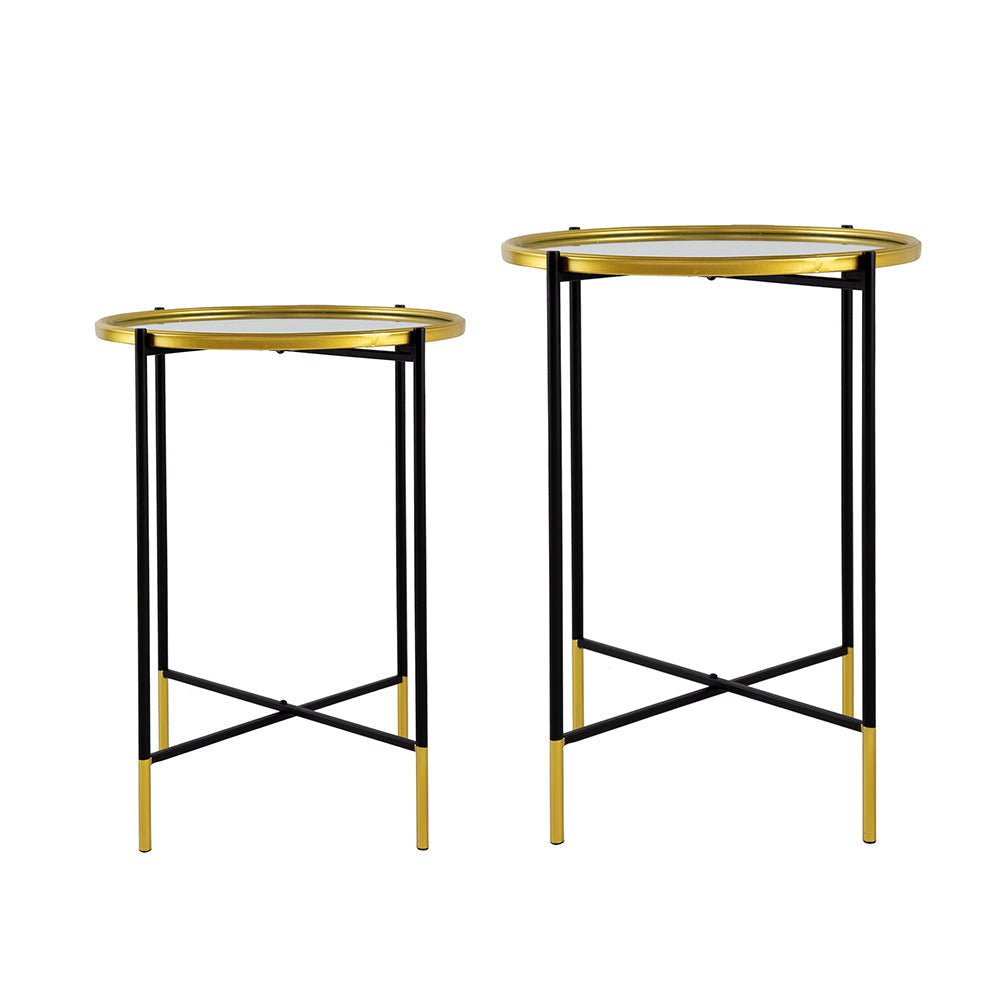 A&B Home Set of Two Bundle of 13 Mirrored Tabletop With Gold and Black Frame Side Tables