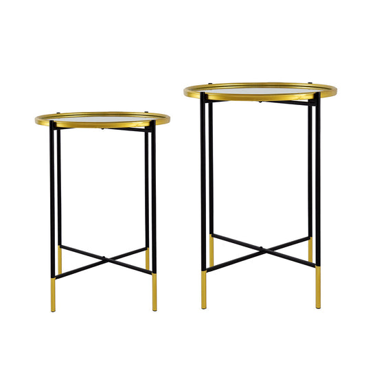 A&B Home Set of Two Bundle of 13 Mirrored Tabletop With Gold and Black Frame Side Tables