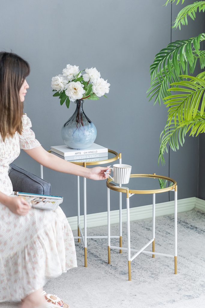 A&B Home Set of Two Bundle of 13 Mirrored Tabletop With Gold and White Frame Side Tables