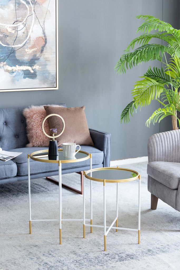 A&B Home Set of Two Bundle of 14 Mirrored Tabletop With Gold and White Frame Side Tables