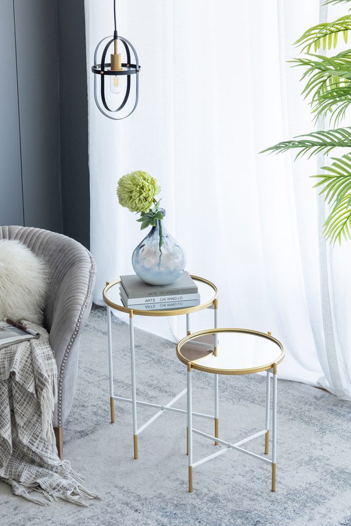 A&B Home Set of Two Bundle of 14 Mirrored Tabletop With Gold and White Frame Side Tables